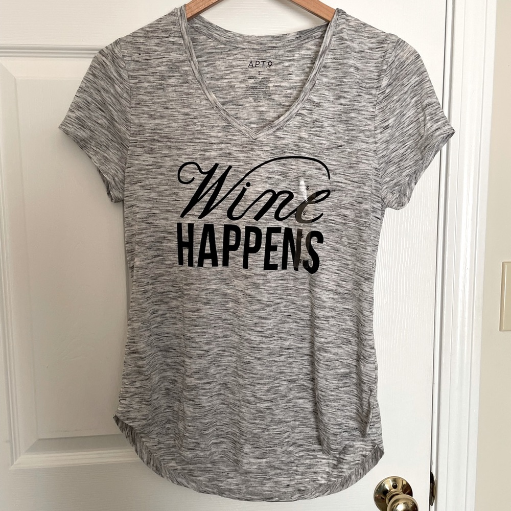 “Wine Happens” Graphic V-neck T-shirt (Women’s S)